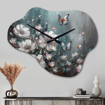 Flowers With Butterflies Painting II - Asymmetric Metal Wall Clock